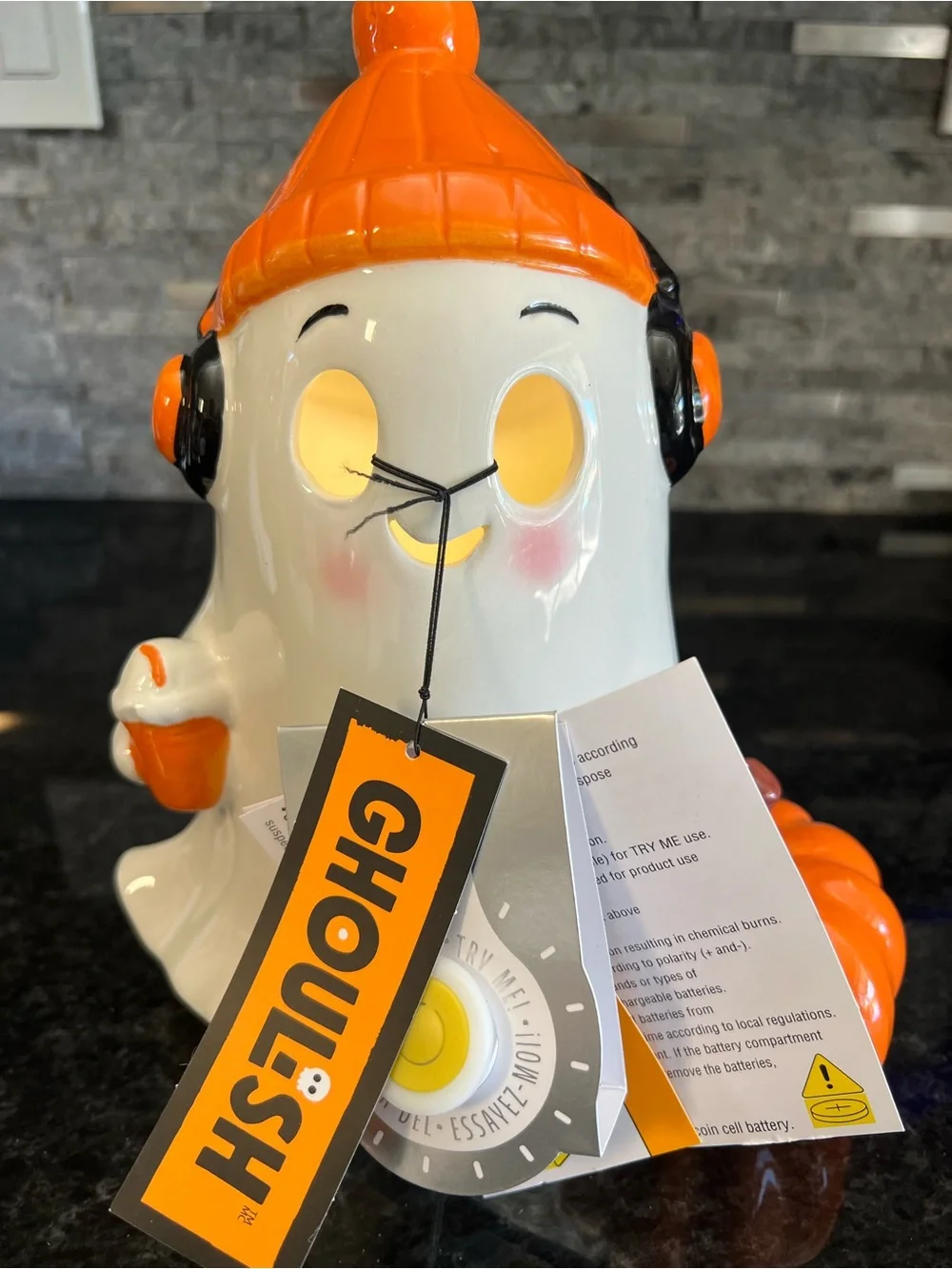 GHOULISH LED Light Up Ceramic Ghost With Headphones, Coffee & Pumpkin